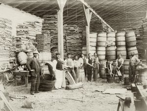 Interior of a cask factory at Zichron Yaacov with workers, c.1898-1900